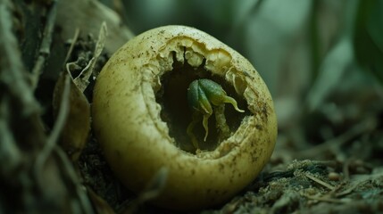 Seedling emerging from a hollowed-out fruit