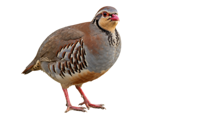 Elegant red-legged partridge showcasing intricate feather details against plain background