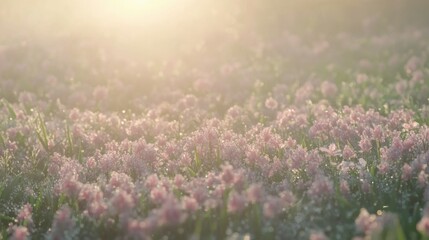 Fototapeta premium Field of delicate pink flowers at dawn