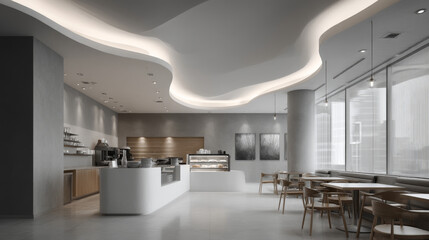 Modern cafe interior featuring minimalist design and cozy seating arrangements.