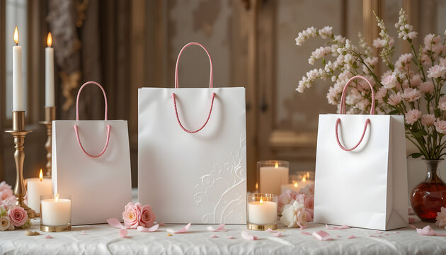 White paper bag mockup with pink handles on the table decorated with candles and flowers