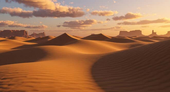 Desert landscape with sand dunes and rock formations under a cloudy sky. - Powered by Adobe