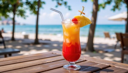 Colorful cocktail on a table by the beach.