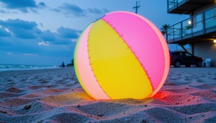 Obraz premium Colorful beach ball on sandy shore at sunset.
