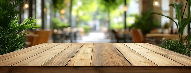 Empty wooden table, cafe background