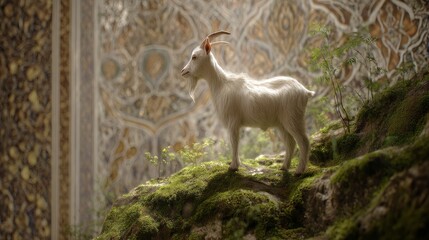 Fototapeta premium White goat perched atop mossy rocks in ornate setting.