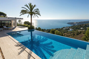 Fototapeta premium Beautiful blue fresh infinity swimming pool in a villa in sunny Spain with sea views. Has a shadow from a palm tree in the center of the pool.