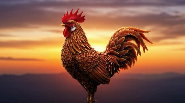 3D feathered 'ROOSTER' with sunrise glow &mdash; bold and proud.