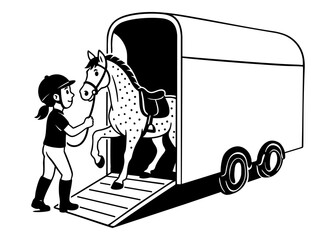 Girl leading a horse into a trailer for transportation