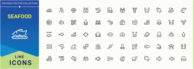 Seafood icon collection. Fish Fry simple icon set. Minimalist icons pack. Includes symbols for fishing, sea, food, cooking,  soup, grilled, fish fry and more. Editable stroke. Vector collection.