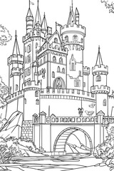 Obraz premium Castle surrounded by trees with bridge and water features Generative AI