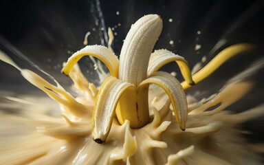 A peeled banana sits in liquid that splashes upwards. This photo of food is intended
