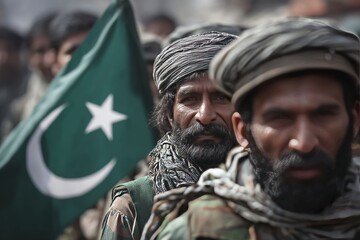 Fototapeta premium Gathering of individuals displaying a Pakistani flag in a rural environment during the afternoon.