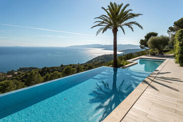 Beautiful blue fresh infinity swimming pool in a villa in sunny Spain with sea views. Has a shadow from a palm tree in the center of the pool.