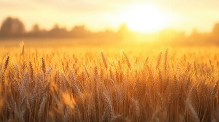 Naklejka premium Golden wheat field at sunrise bathed in warm sunlight.