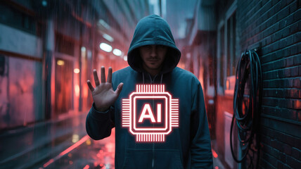 A person in a hoodie stands in an alley, obscuring their face. A stylized "AI" icon glows in front of them, implying a technological theme.