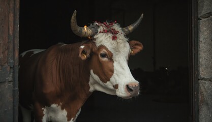 A brown and white cow stands in a dark barn doorway wearing a wreath of red flowers on its horns and a yellow ear tag with soft directional light