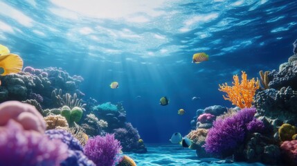 Obraz premium Vibrant Coral Reef Underwater Scene with Colorful Fish and Sunlight