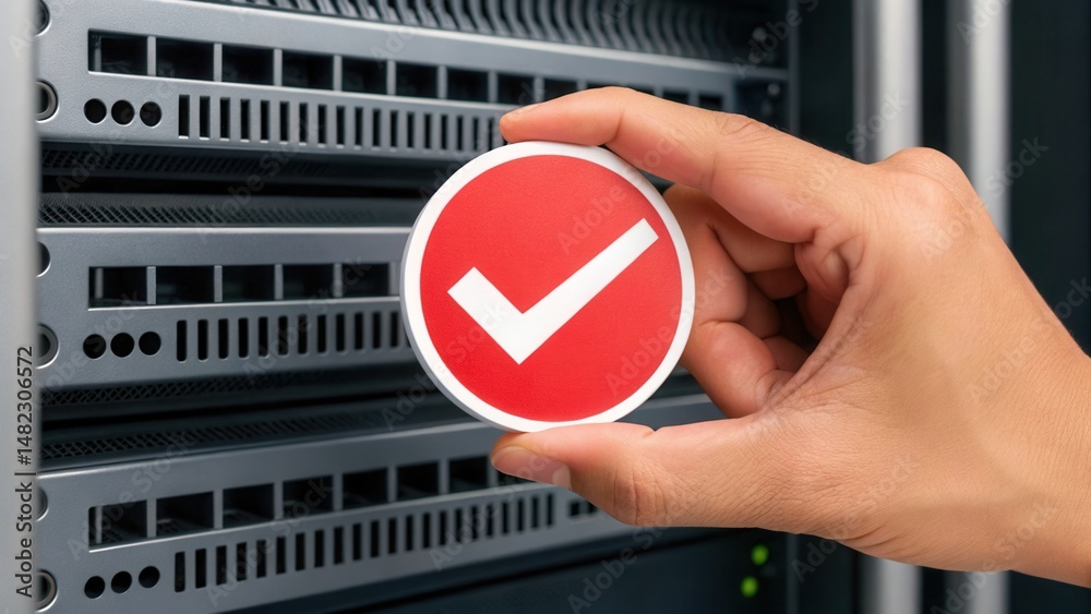 Aufkleber hand placing red check mark sign on server rack for confirmation