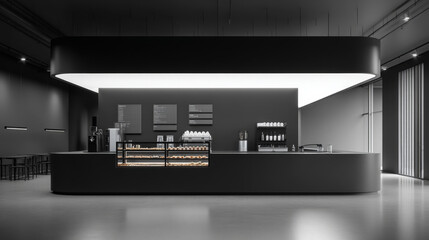 Modern minimalist coffee shop interior featuring sleek design and elegant decor.