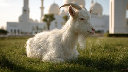 Obraz premium White goat resting in grass near a mosque.