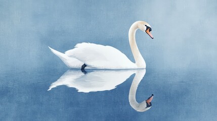 Obraz premium Elegant white swan gracefully floats on calm blue water, its reflection mirroring serenity.