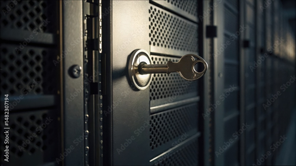 Poster Key Inserted in Server Room Lock for Secure Access Control