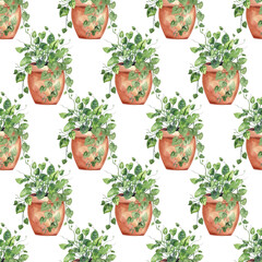 Seamless pattern of potted green houseplants in terracotta pots. Perfect for home decor, fabric, packaging, gardening designs, and eco-themed projects. Fresh and hand-painted.
