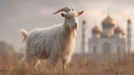 Obraz premium Fluffy white goat in front of a blurred historic religious building.
