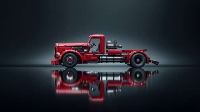 Red vintage truck showcasing detailed design and glossy reflection.