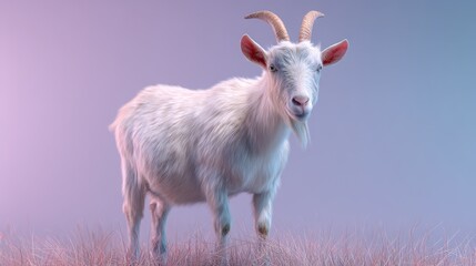 A  fluffy, white goat stands in a field of grass.