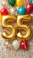 Fototapeta premium Golden Number 55 Balloons With Festive Colorful Balloons And Confetti For 55th Birthday Celebration