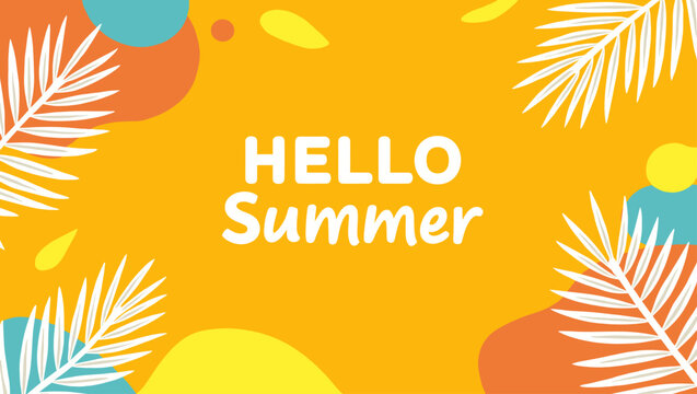 Hello Summer text in a modern horizontal layout with abstract background and white tropical leaves. Bright orange theme for seasonal projects