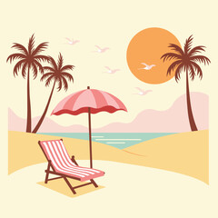 Minimalist tropical beach with sunbed, umbrella, palm trees and sunset over the sea. Calm and relaxing summer scene in soft tones