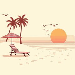 Peaceful beach scene with palm trees, sunbed, umbrella, and sunset. Minimalist tropical landscape in warm tones for summer and relaxation themes