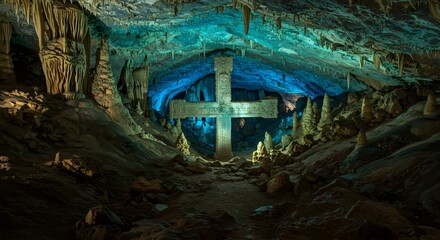 Exploring a Deep Cave with Stalactites and Carved Cross