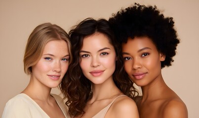 Obraz premium Portrait of three beautiful young adult women of different skin tones, Generative AI