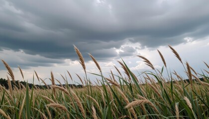 Fototapeta premium Dramatic clouds over a tall grass field.