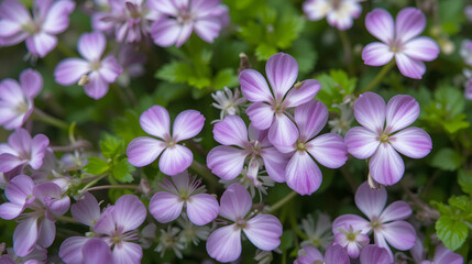 Obraz premium Closeup of stunning pennycress flowers with delicate white and vibrant purple petals surrounded by lush green foliage