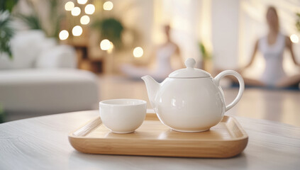 Fototapeta premium White ceramic teapot resting on a wooden tray in a yoga studio, suggesting a mindful moment after practice