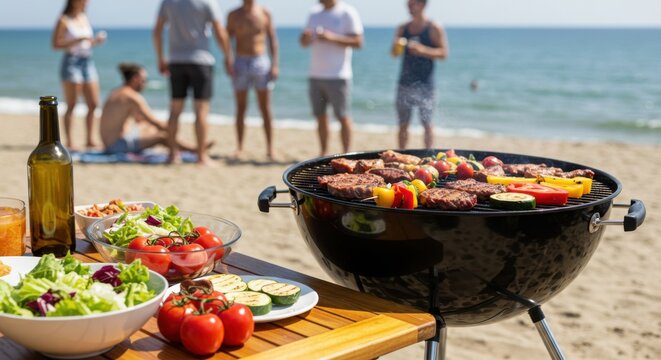 Beach barbecue with friends enjoying food and drinks, for summer events, outdoor recreation, and social gatherings