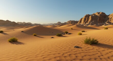 Desert landscape with sand dunes sparse vegetation and rocky hills under clear sky.