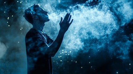 Silhouette of man in cosmic fog with stars for mystery science imagination space surreal power night