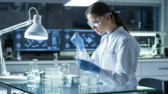 白衣の女性、薬品を分析中、研究室、薬品開発、女性研究員