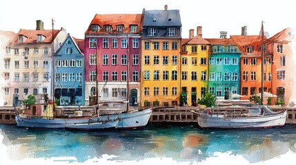 Naklejka premium Watercolor painting depicts colorful buildings on a canal with boats, rendered with fluid brushstrokes and vibrant hues, capturing a serene scene.