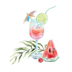 Pink cocktail in glass goblet with lime wedge, straw, watermelon slice, palm leaf. Hand drawn watercolor illustration isolated. Postcards, invitations, summer and tropical banners, posters, bar card.