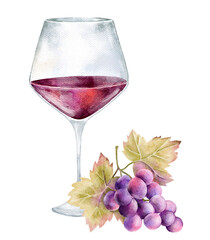 Description:
Watercolor illustration of a crystal wine glass filled with red wine, resting beside a bunch of juicy grapes and leafy tendrils. Clean white background suits restaurant menus, branding