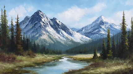 Fototapeta premium Snow-capped mountain peaks rise above a tranquil valley, where a stream winds through a lush forest and meadow, creating a serene and picturesque landscape.