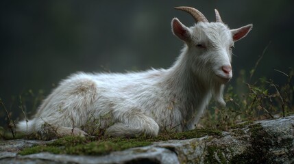 Obraz premium A peaceful white goat resting on a mossy rock outcrop.