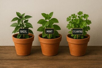 Fototapeta premium Potted Basil, Mint, and Cilantro Herbs with Labels on Wooden Table